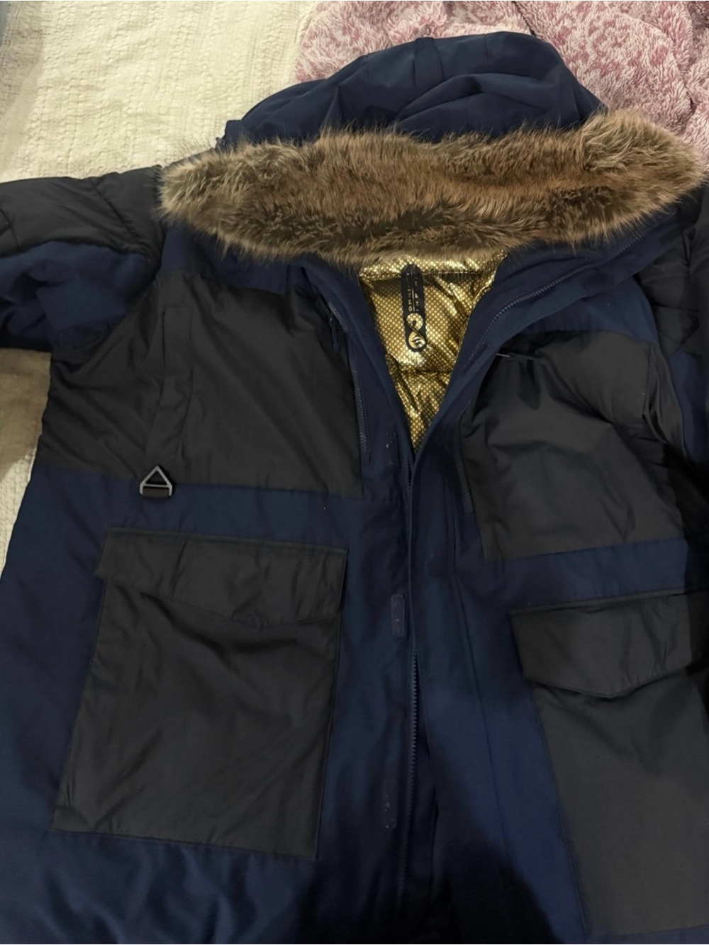 Men's Navy & Black Insulated Parka with Faux-Fur Hood